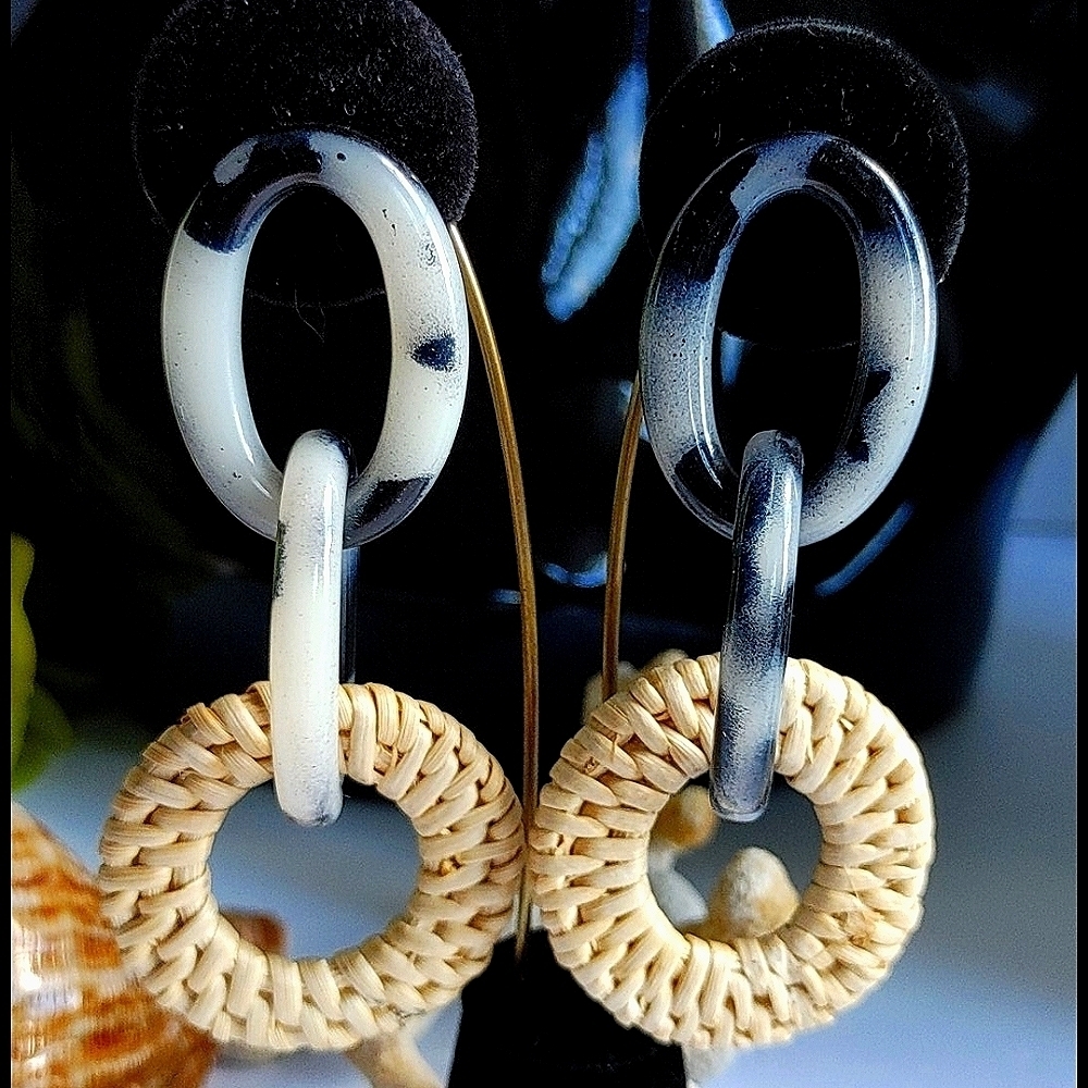 Grey and Black Resin with Rattan Wrap Link Earrings